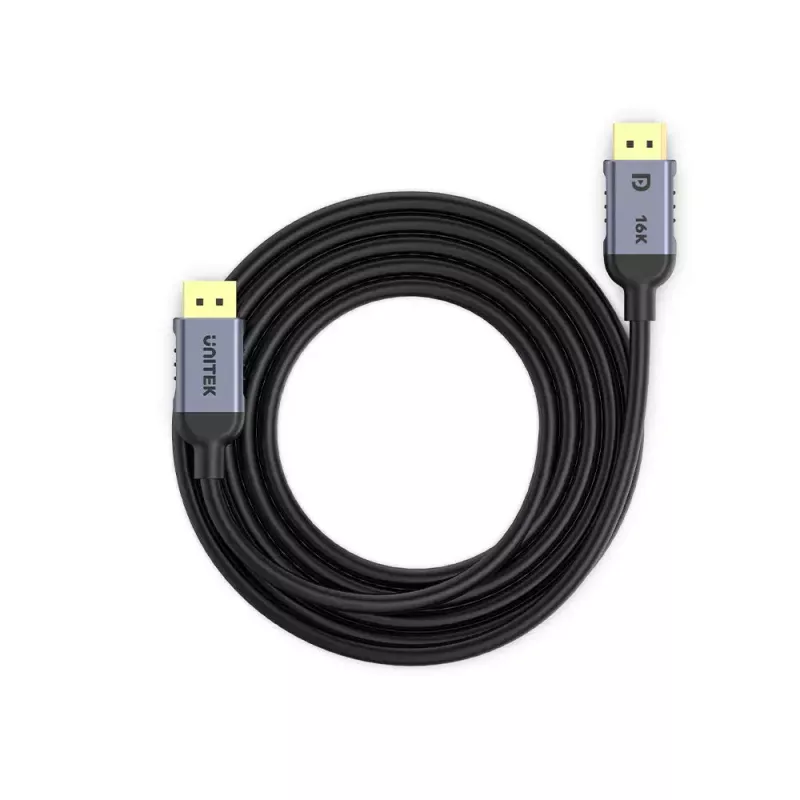DisplayPort kabelis Unitek C1628GY01-2M — 2 m, DisplayPort 2.1, 7680×4320 iki 240 Hz, 32.4 kanalų, alavuotas varis