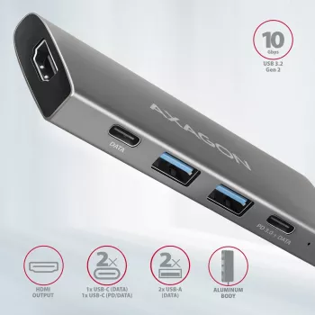 Axagon HMC-5G21 USB 10Gbps centrinis mazgas, 2x USB-A, 2x USB-C, HDMI 4k/30Hz, PD 60W, USB-C laidas