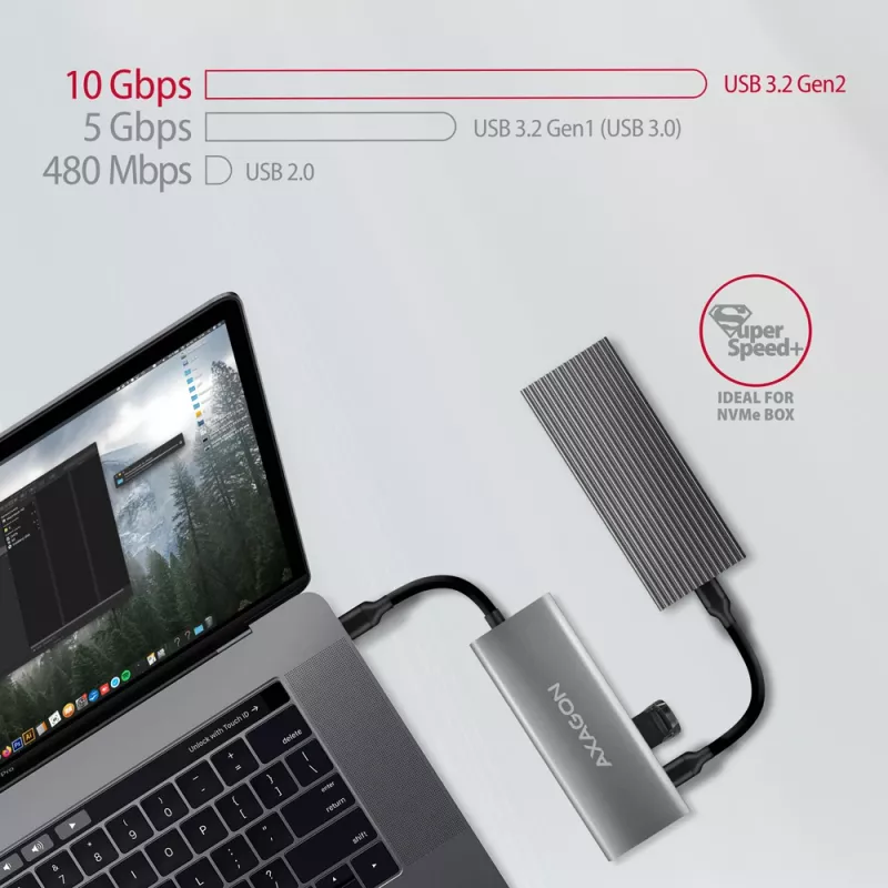 Axagon HMC-5G21 USB 10Gbps centrinis mazgas, 2x USB-A, 2x USB-C, HDMI 4k/30Hz, PD 60W, USB-C laidas