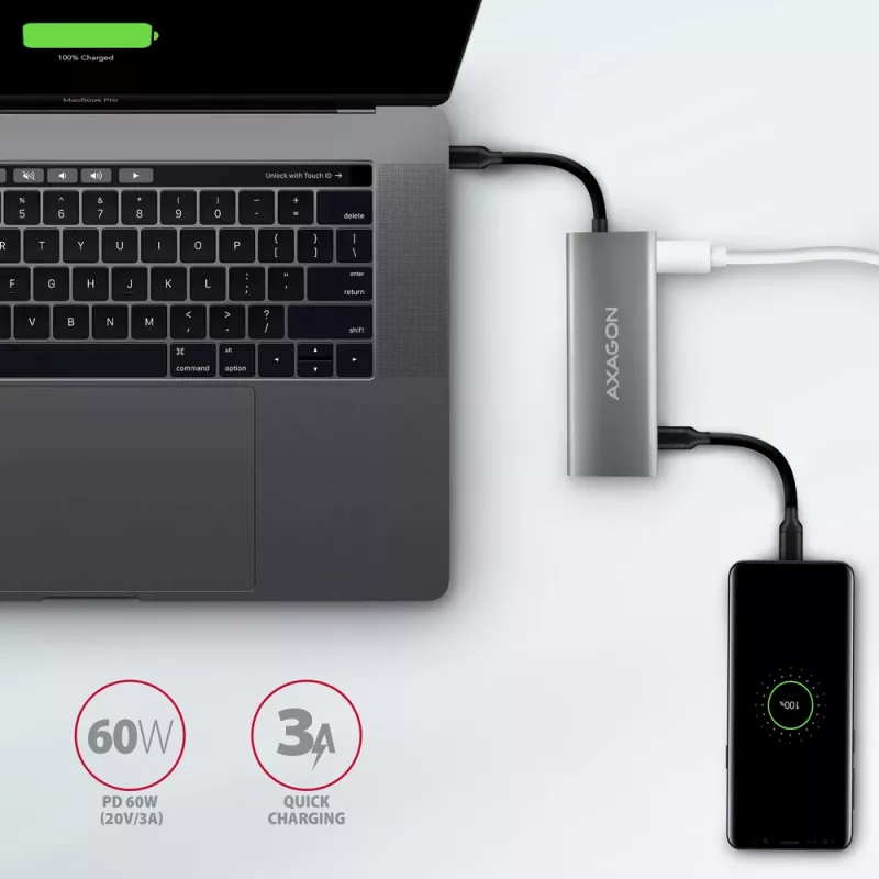 Axagon HMC-5G21 USB 10Gbps centrinis mazgas, 2x USB-A, 2x USB-C, HDMI 4k/30Hz, PD 60W, USB-C laidas