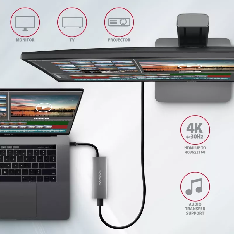 Axagon HMC-5G21 USB 10Gbps centrinis mazgas, 2x USB-A, 2x USB-C, HDMI 4k/30Hz, PD 60W, USB-C laidas