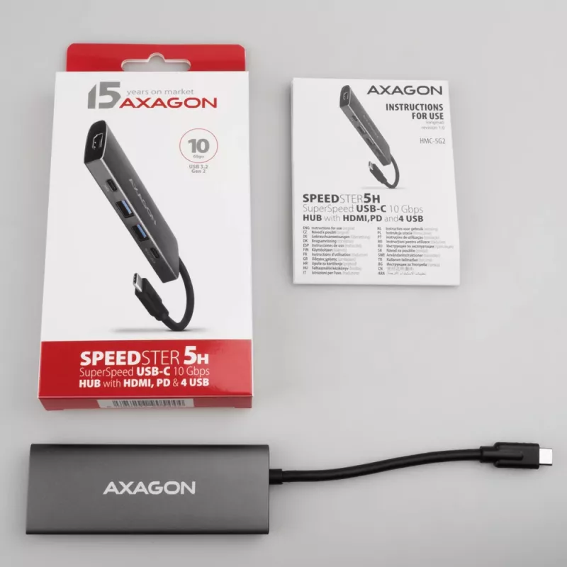 Axagon HMC-5G21 USB 10Gbps centrinis mazgas, 2x USB-A, 2x USB-C, HDMI 4k/30Hz, PD 60W, USB-C laidas
