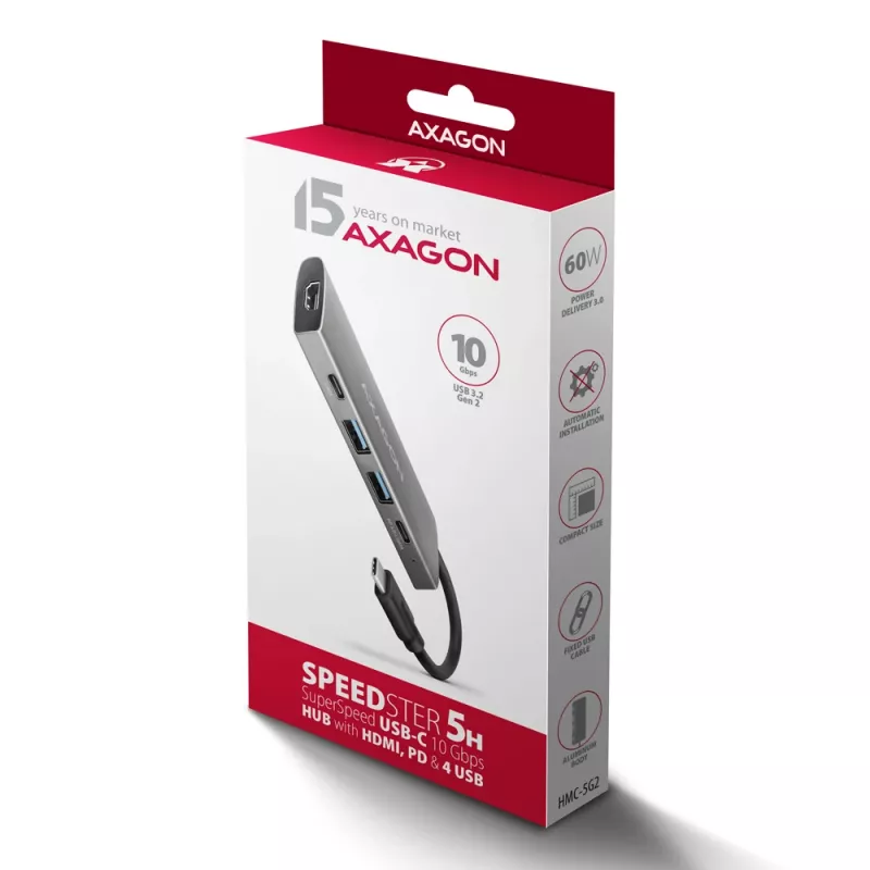 Axagon HMC-5G21 USB 10Gbps centrinis mazgas, 2x USB-A, 2x USB-C, HDMI 4k/30Hz, PD 60W, USB-C laidas