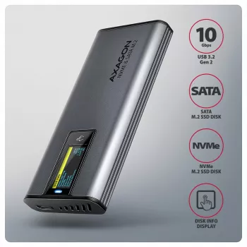 Axagon EEM2-SD2 USB-C 10Gbps - M.2 NVMe ir SATA SSD dėklas su ekranu