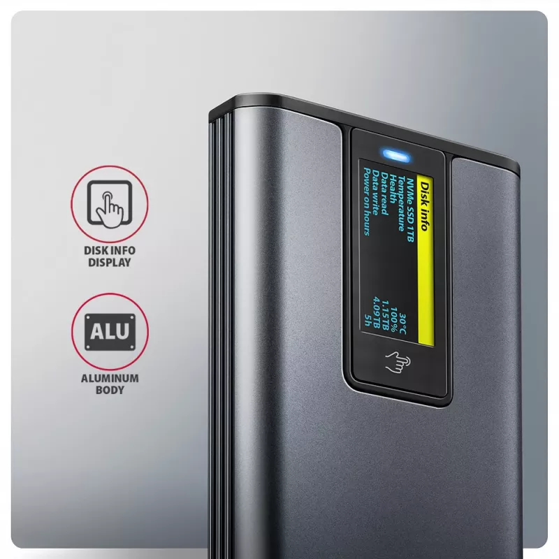 Axagon EEM2-SD2 USB-C 10Gbps - M.2 NVMe ir SATA SSD dėklas su ekranu