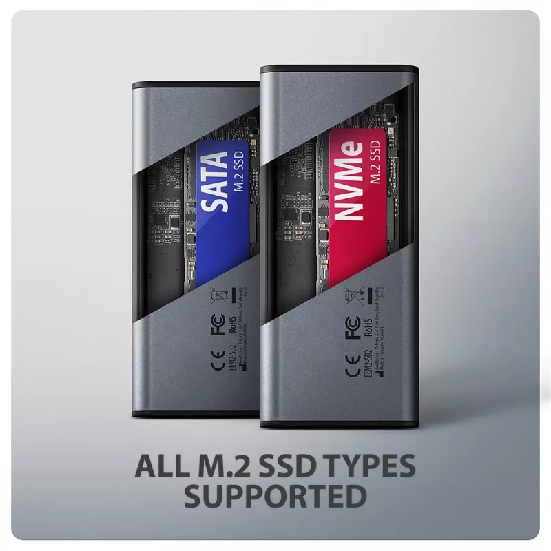 Axagon EEM2-SD2 USB-C 10Gbps - M.2 NVMe ir SATA SSD dėklas su ekranu
