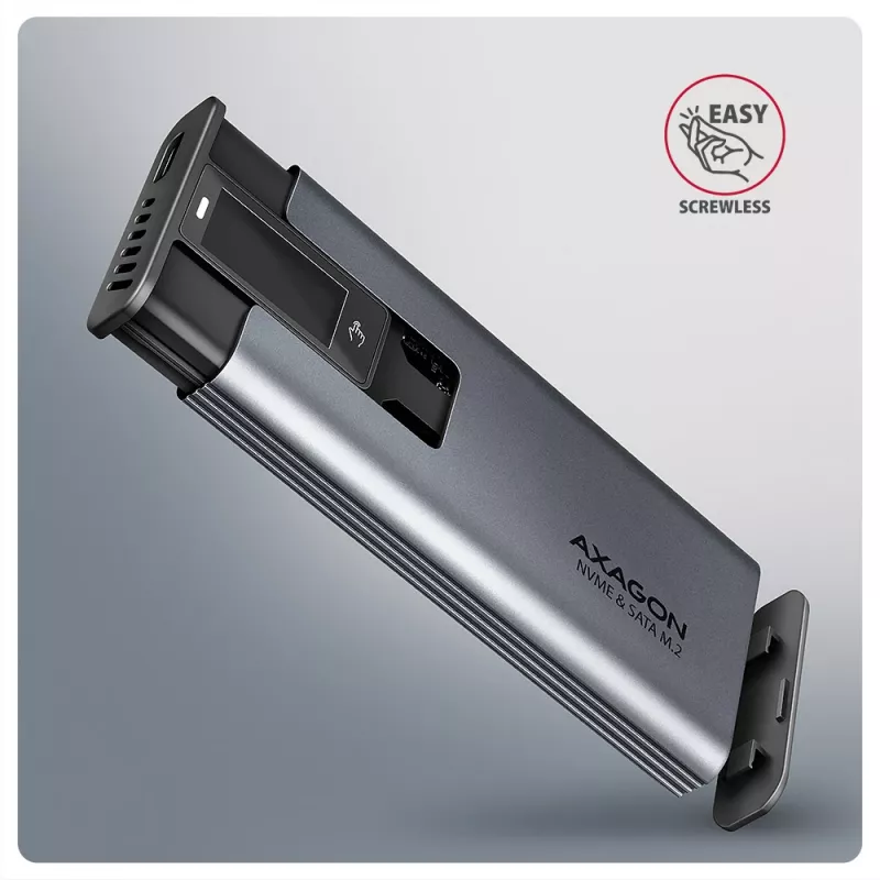Axagon EEM2-SD2 USB-C 10Gbps - M.2 NVMe ir SATA SSD dėklas su ekranu