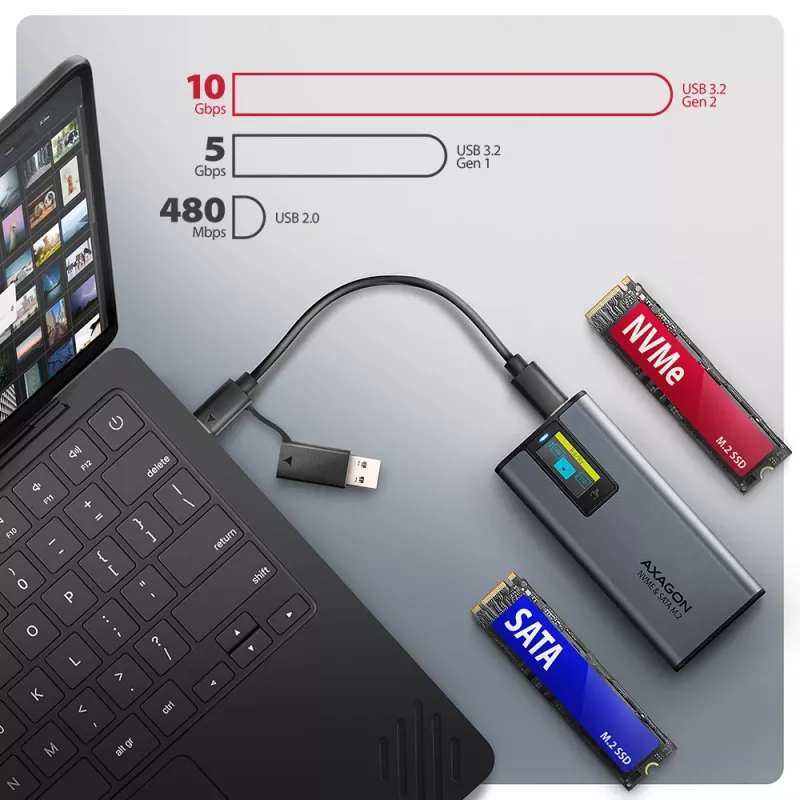 Axagon EEM2-SD2 USB-C 10Gbps - M.2 NVMe ir SATA SSD dėklas su ekranu