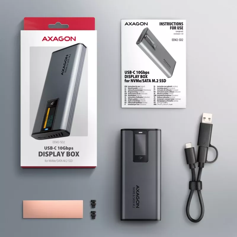Axagon EEM2-SD2 USB-C 10Gbps - M.2 NVMe ir SATA SSD dėklas su ekranu