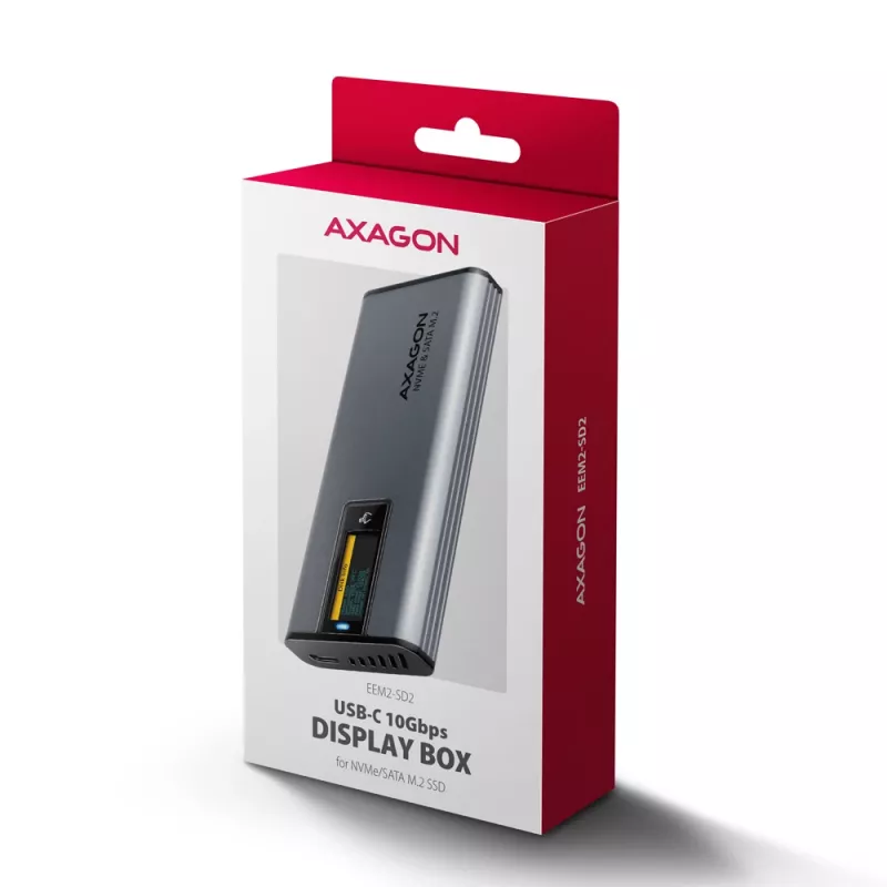 Axagon EEM2-SD2 USB-C 10Gbps - M.2 NVMe ir SATA SSD dėklas su ekranu