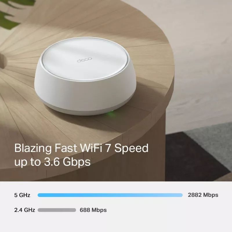 TP-Link BE3600 viso namo „Mesh“ Wi-Fi 7 sistema (1 vnt.), balta, vidinė antena, „Mesh“ sistema, dviejų juostų (2,4 GHz / 5 GHz), Wi-Fi 7 (802.11be), 2882 Mbit/s