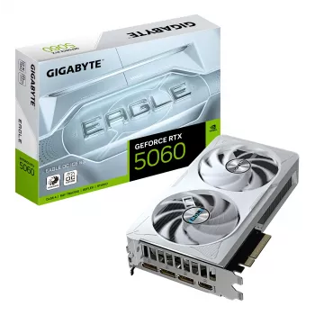 GIGABYTE GeForce RTX 5060 EAGLE OC ICE 8G vaizdo plokštė – 8 GB GDDR7, 128 bit, PCI-E 5.0, 2550 MHz pagrindinis dažnis, 3× DisplayPort, 1× HDMI, GV-N5060EAGLEOC ICE-8GD