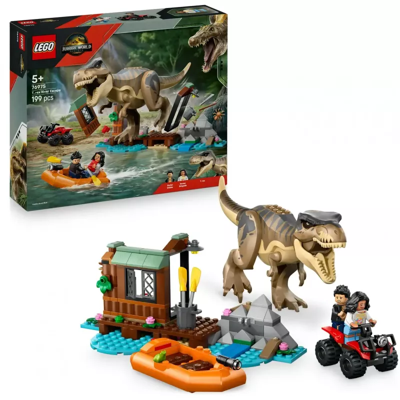 LEGO dinozaurų konstravimo rinkinys T. rex River Escape 76975 – 199 dalių, 2 minifigūrėlės, nuo 5 m.