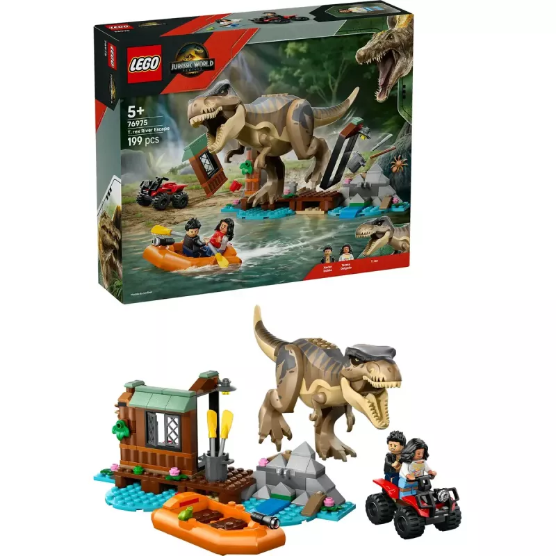 LEGO dinozaurų konstravimo rinkinys T. rex River Escape 76975 – 199 dalių, 2 minifigūrėlės, nuo 5 m.