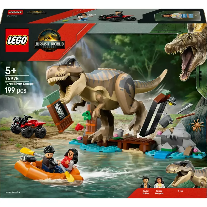 LEGO dinozaurų konstravimo rinkinys T. rex River Escape 76975 – 199 dalių, 2 minifigūrėlės, nuo 5 m.
