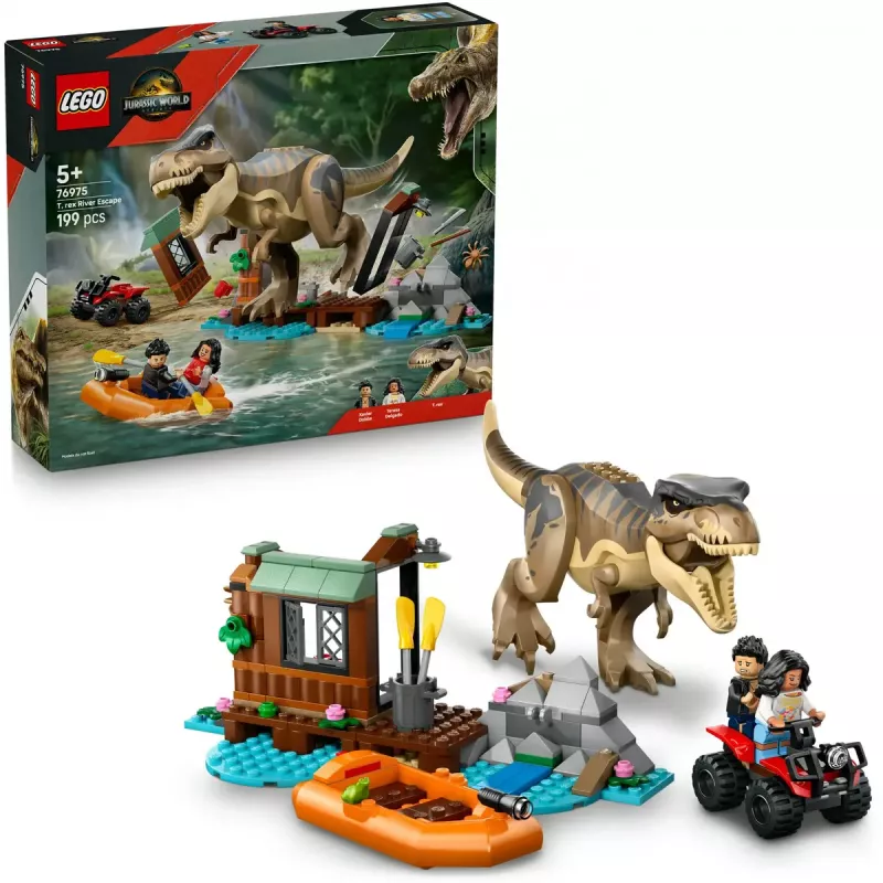 LEGO dinozaurų konstravimo rinkinys T. rex River Escape 76975 – 199 dalių, 2 minifigūrėlės, nuo 5 m.