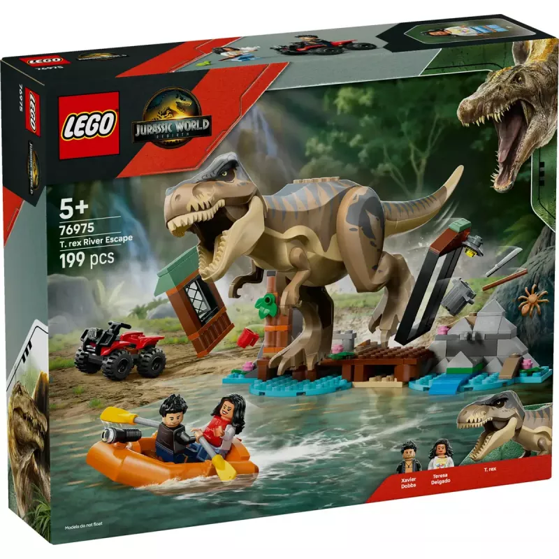 LEGO dinozaurų konstravimo rinkinys T. rex River Escape 76975 – 199 dalių, 2 minifigūrėlės, nuo 5 m.
