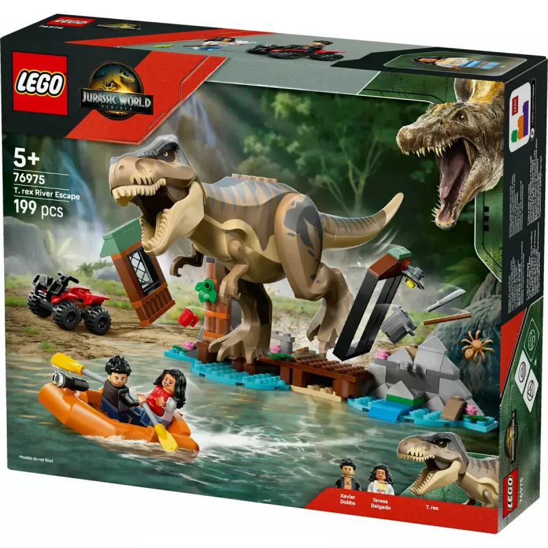 LEGO dinozaurų konstravimo rinkinys T. rex River Escape 76975 – 199 dalių, 2 minifigūrėlės, nuo 5 m.