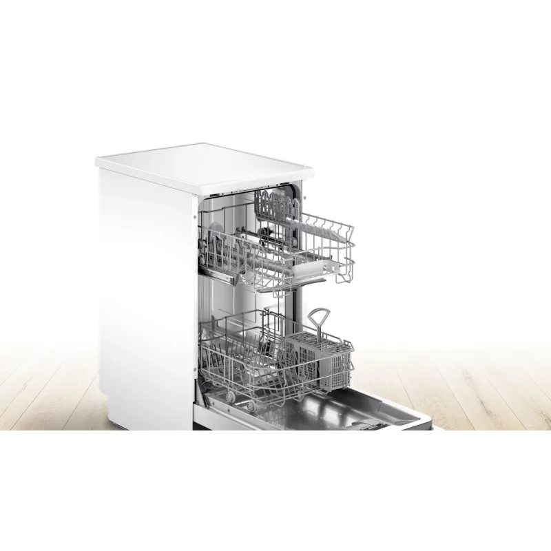 Laisvai pastatoma indaplovė Bosch SPS40E22EU, siaura 45 cm, 9 komplektų, 5 programos, 48 dB, balta
