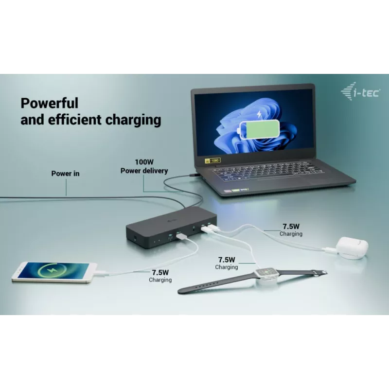 i-tec USB-C Intelektuali Trigubo Ekrano Docking Stotelė su 100 W įkrovimu