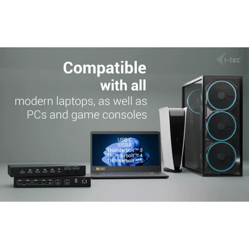 ITEC i-tec USB-C KVM Dock PRO trims šeimininkams, dvigubas vaizdas, 2x Power Delivery (iki 92 W), USB 3.2, 10 Gbps, Gigabit Ethernet