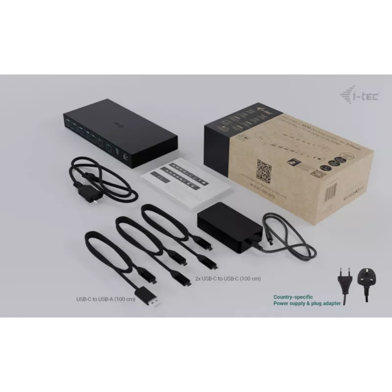 ITEC i-tec USB-C KVM Dock PRO trims šeimininkams, dvigubas vaizdas, 2x Power Delivery (iki 92 W), USB 3.2, 10 Gbps, Gigabit Ethernet