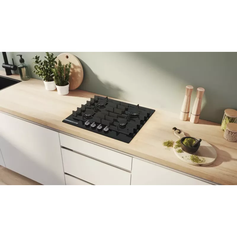 Įmontuojama dujinė kaitlentė Bosch PRP6A6H40 — 60 cm, juoda, 4 degikliai, priekiniai sukamieji valdikliai