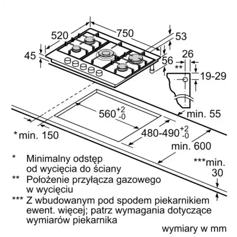 Bosch Serie 6 PCQ7A5I90 dujinė kaitlentė Nerūdijantis plienas Įmontuojama 75 cm Dujinė 5 zona(-ų)