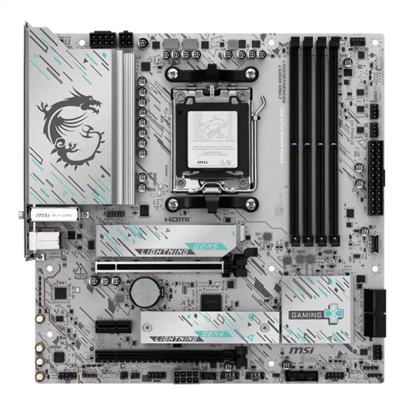 Motininė plokštė MSI B850M GAMING PLUS WIFI — AMD B850, lizdas AM5, micro ATX, DDR5, 4x DIMM, 3x M.2, Wi‑Fi 7, 5Gb LAN
