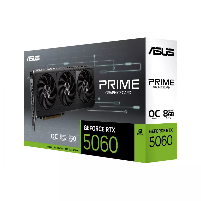 Vaizdo plokštė ASUS GeForce RTX 5060 — 8 GB GDDR7, 128 bitų, PCIe 5.0, 3x DisplayPort 2.1b + 1x HDMI 2.1b, 2595 MHz OC, 3 ventiliatoriai, 268,3 mm