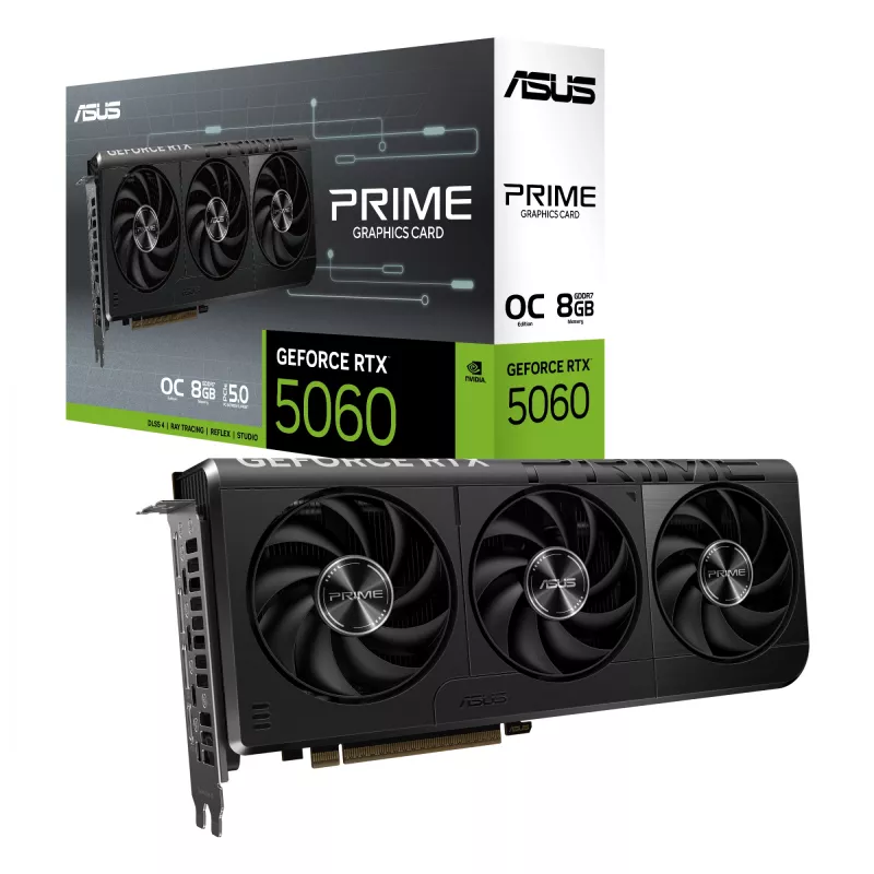 Vaizdo plokštė ASUS GeForce RTX 5060 — 8 GB GDDR7, 128 bitų, PCIe 5.0, 3x DisplayPort 2.1b + 1x HDMI 2.1b, 2595 MHz OC, 3 ventiliatoriai, 268,3 mm
