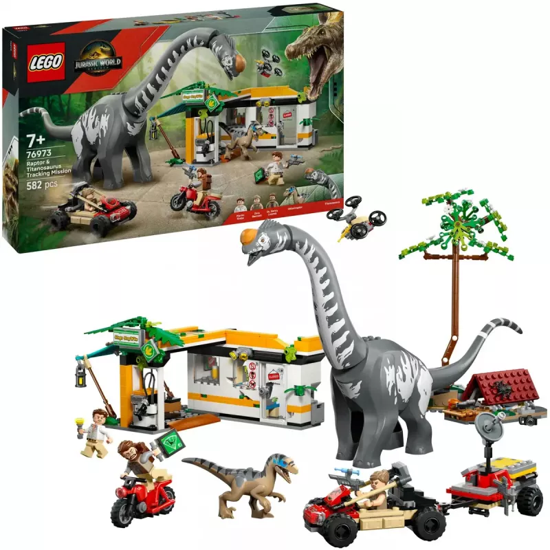 LEGO Jurassic World rinkinys 76973 — Raptor ir Titanosaurus su 3 figūrėlėmis, 582 detalės, nuo 7 metų