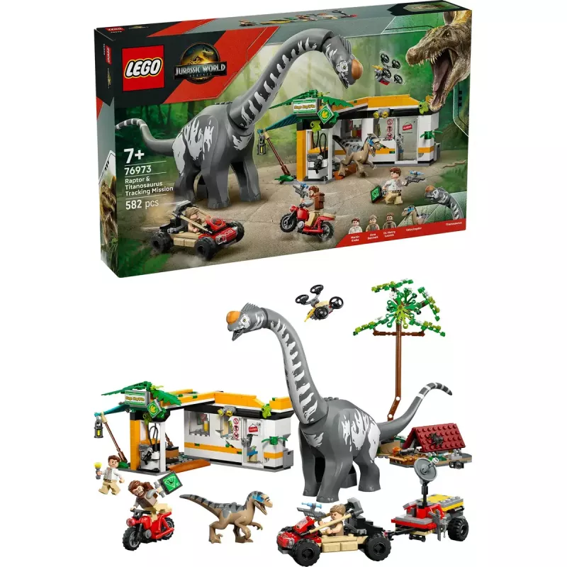 LEGO Jurassic World rinkinys 76973 — Raptor ir Titanosaurus su 3 figūrėlėmis, 582 detalės, nuo 7 metų