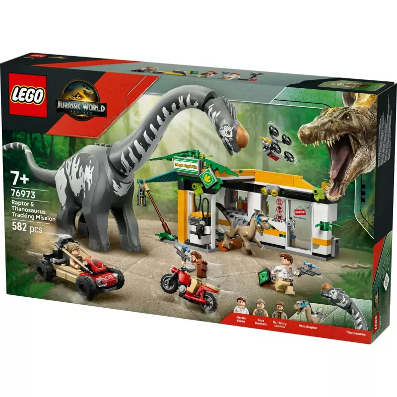 LEGO Jurassic World rinkinys 76973 — Raptor ir Titanosaurus su 3 figūrėlėmis, 582 detalės, nuo 7 metų