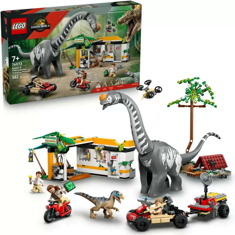 LEGO Jurassic World rinkinys 76973 — Raptor ir Titanosaurus su 3 figūrėlėmis, 582 detalės, nuo 7 metų