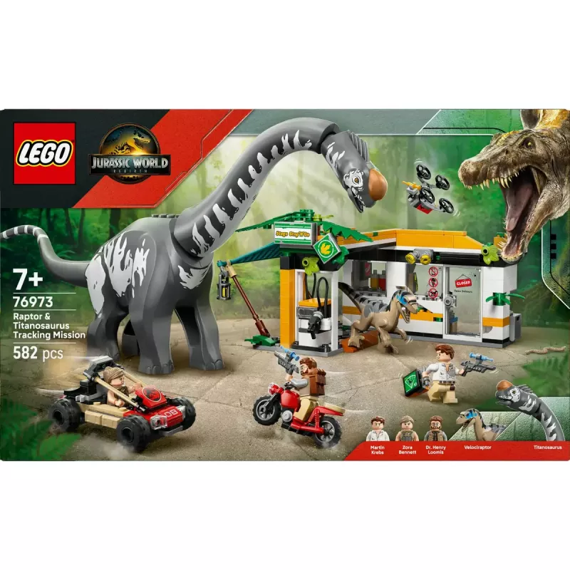 LEGO Jurassic World rinkinys 76973 — Raptor ir Titanosaurus su 3 figūrėlėmis, 582 detalės, nuo 7 metų