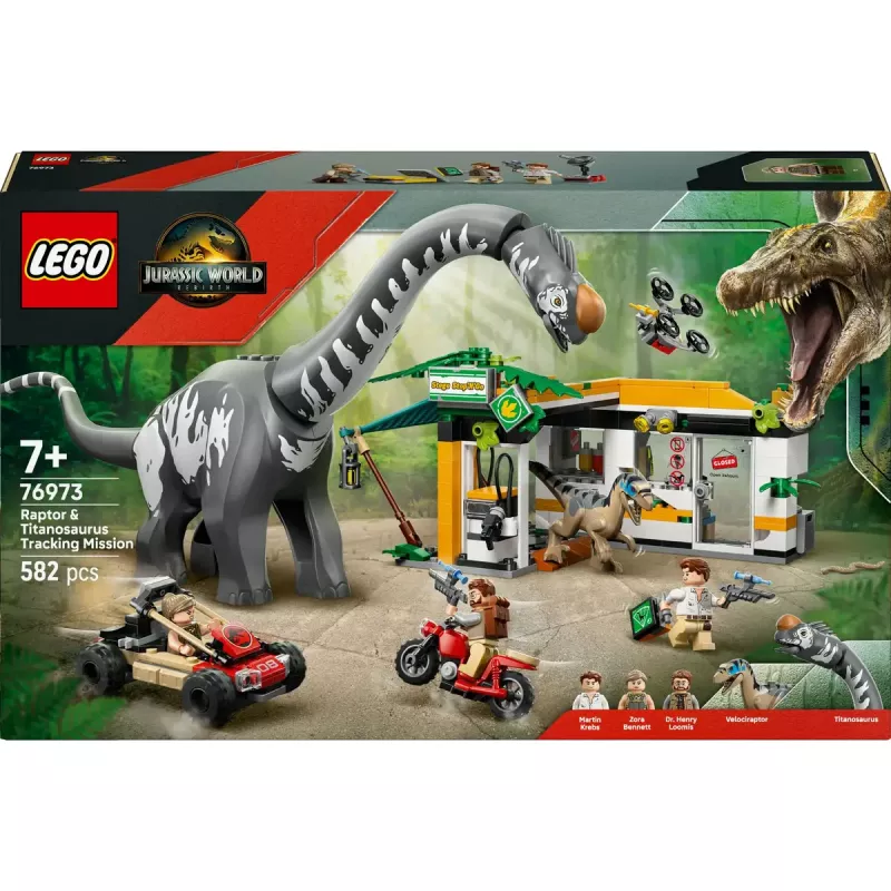 LEGO Jurassic World rinkinys 76973 — Raptor ir Titanosaurus su 3 figūrėlėmis, 582 detalės, nuo 7 metų