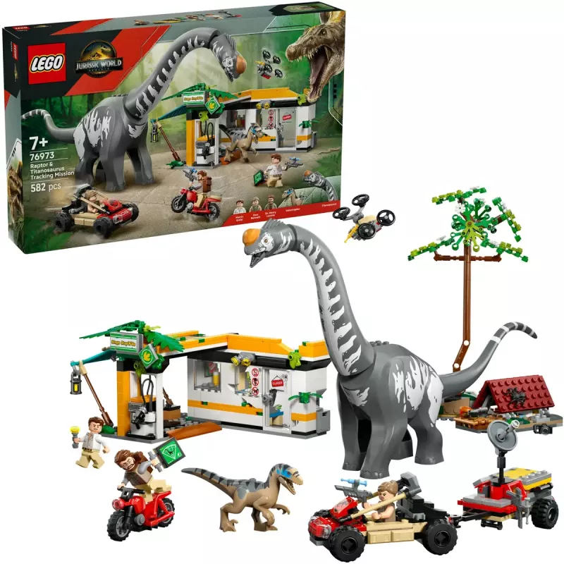 LEGO Jurassic World rinkinys 76973 — Raptor ir Titanosaurus su 3 figūrėlėmis, 582 detalės, nuo 7 metų