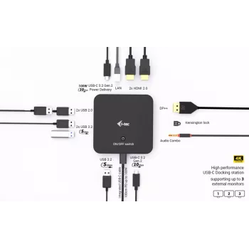 i-tec USB-C DP dviguba HDMI dokovimo stotelė su 100 W maitinimo tiekimu ir 100 W universalus įkroviklis