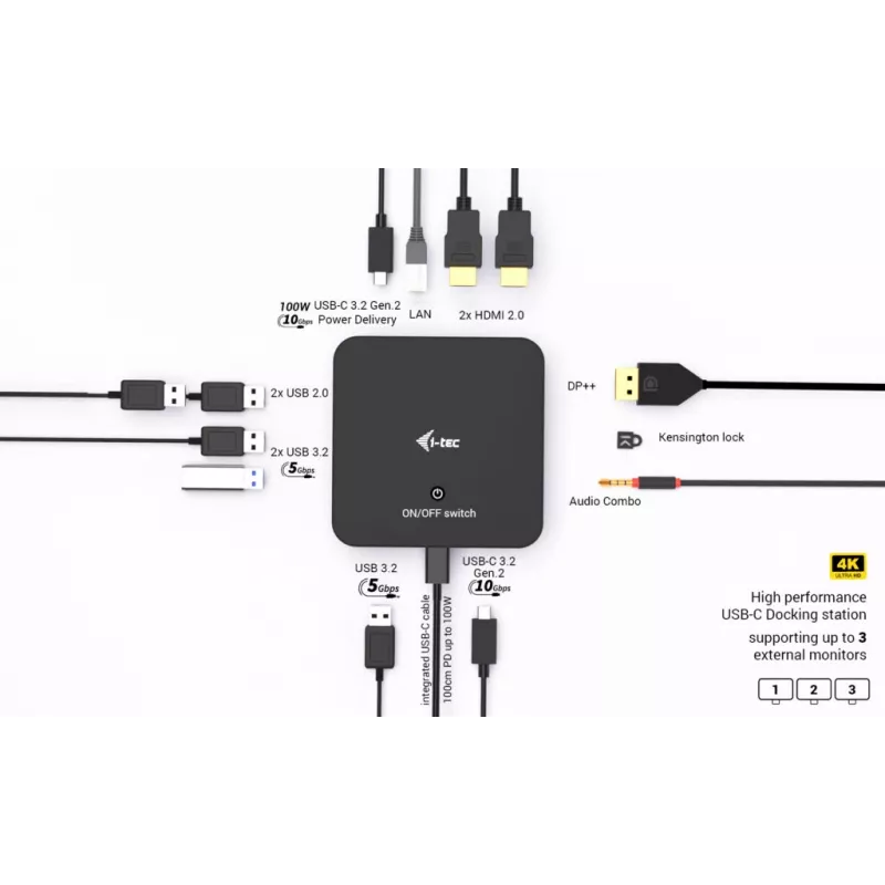 i-tec USB-C DP dviguba HDMI dokovimo stotelė su 100 W maitinimo tiekimu ir 100 W universalus įkroviklis