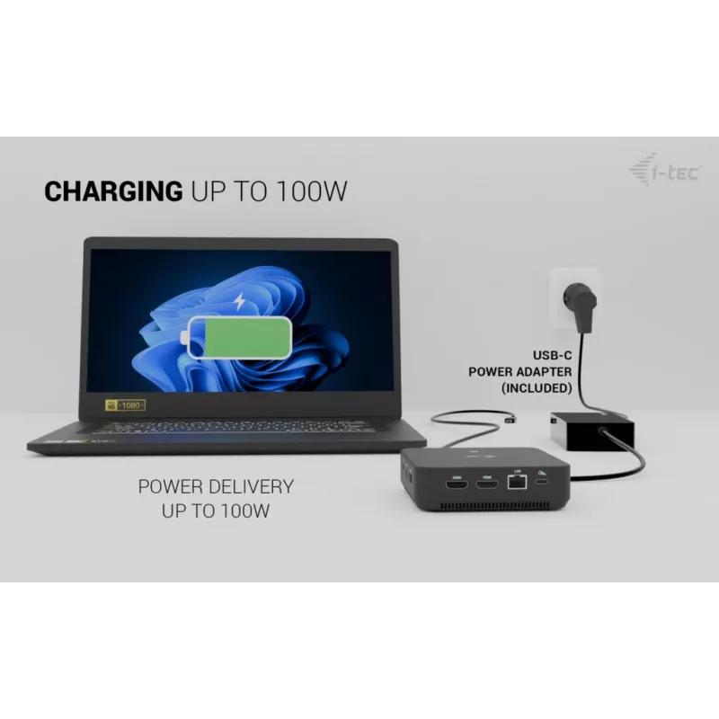 i-tec USB-C DP dviguba HDMI dokovimo stotelė su 100 W maitinimo tiekimu ir 100 W universalus įkroviklis
