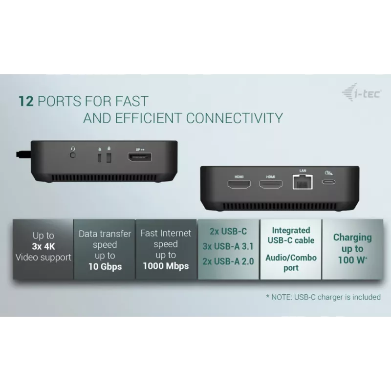 i-tec USB-C DP dviguba HDMI dokovimo stotelė su 100 W maitinimo tiekimu ir 100 W universalus įkroviklis
