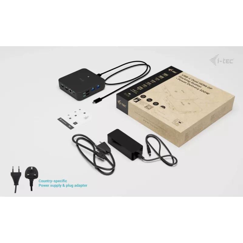 i-tec USB-C DP dviguba HDMI dokovimo stotelė su 100 W maitinimo tiekimu ir 100 W universalus įkroviklis