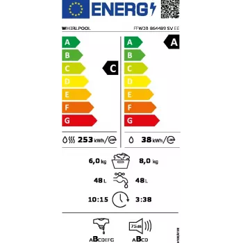 Skalbimo džiovinimo mašina WHIRLPOOL FFWDB 864489 SV EE priekinio pakrovimo 6 kg 1400 RPM balta