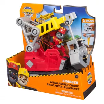 Krano sunkvežimis Rubble & Crew Charger's Mega Power Crane su Charger figūrėle, 2 nuimami įrankiai, plastikas, nuo 3 m.