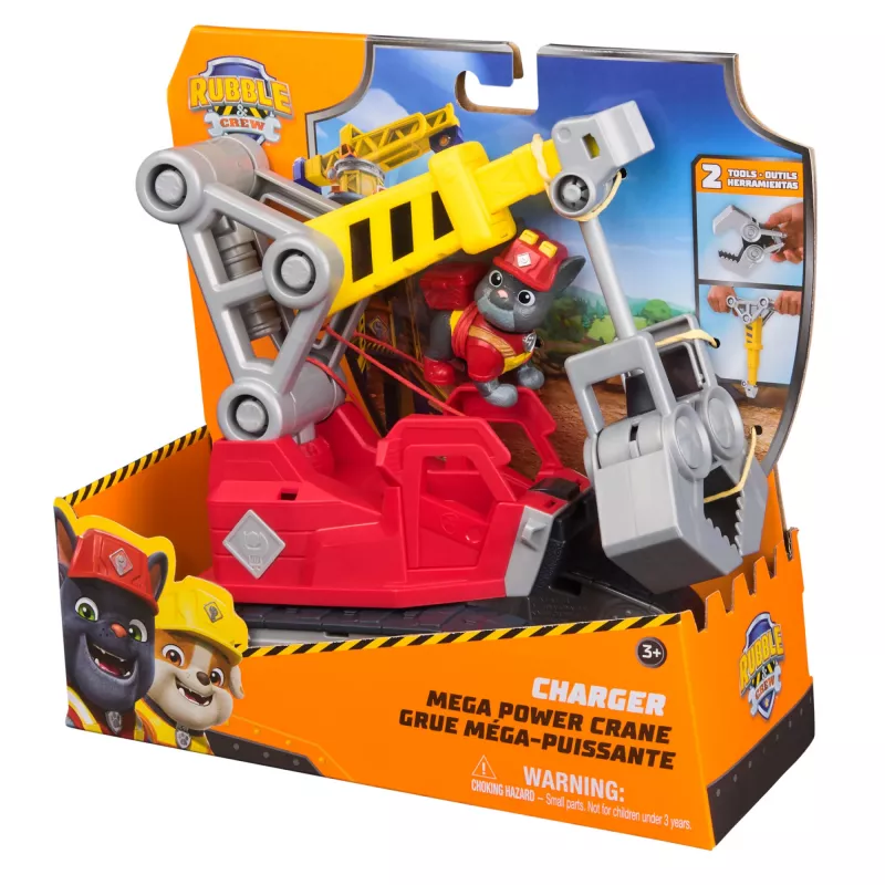 Krano sunkvežimis Rubble & Crew Charger's Mega Power Crane su Charger figūrėle, 2 nuimami įrankiai, plastikas, nuo 3 m.