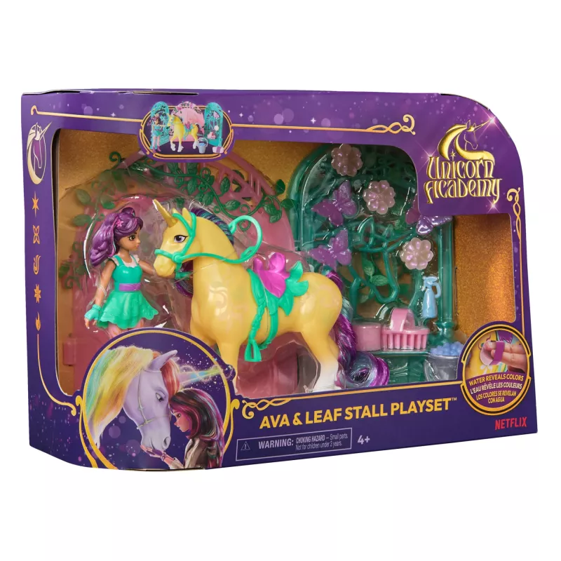Unicorn Academy, Ava lėlė ir spalvą keičianti Leaf arklidės žaidimų rinkinys, Velykų dovanų idėja, 15 aksesuarų, lėlės ir vienaragiai mergaitėms nuo 4 metų