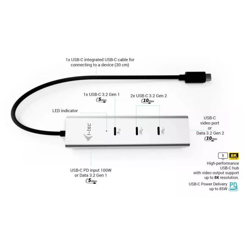 i-tec Metal USB-C įkrovimo stotelė 5 prievadai su USB-C vaizdo išvedimu 8K + Power Delivery 85W