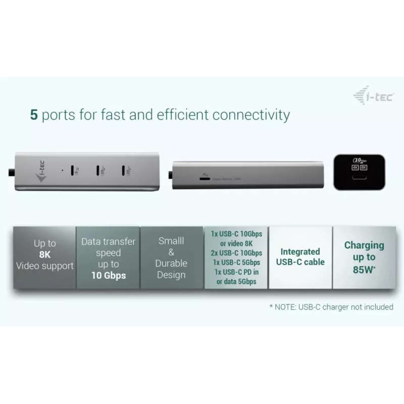 i-tec Metal USB-C įkrovimo stotelė 5 prievadai su USB-C vaizdo išvedimu 8K + Power Delivery 85W