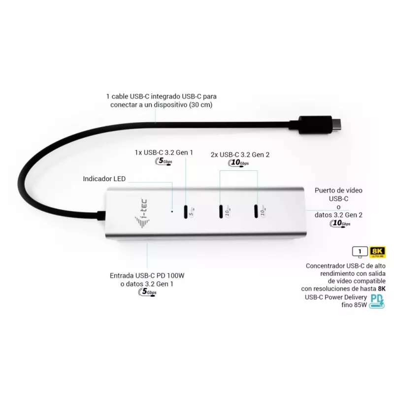 i-tec Metal USB-C įkrovimo stotelė 5 prievadai su USB-C vaizdo išvedimu 8K + Power Delivery 85W
